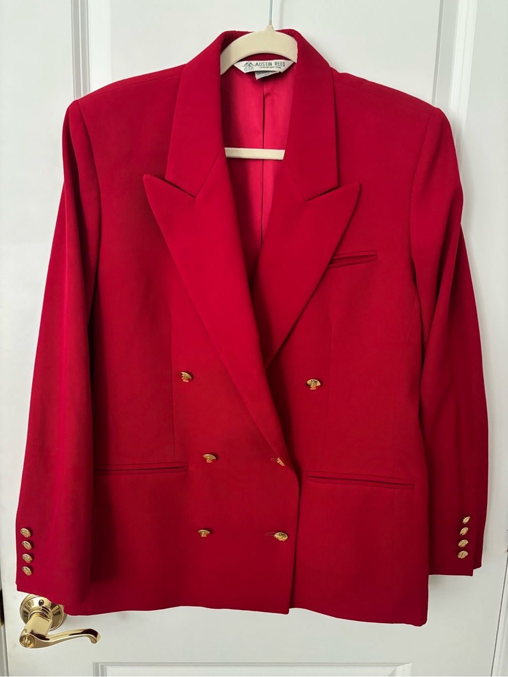 Vintage Cherry Red Austin Reed wool double-breasted blazer gold-tone buttons 8